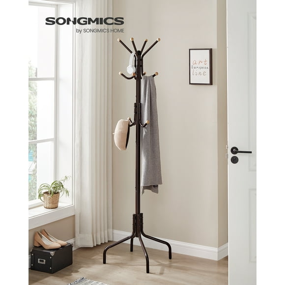 SONGMICS URCR031B01 - Perchero de metal con 12 ganchos y 4 patas, para ropa, sombreros y bolsas, para entrada, sala de estar, recámara, color negro