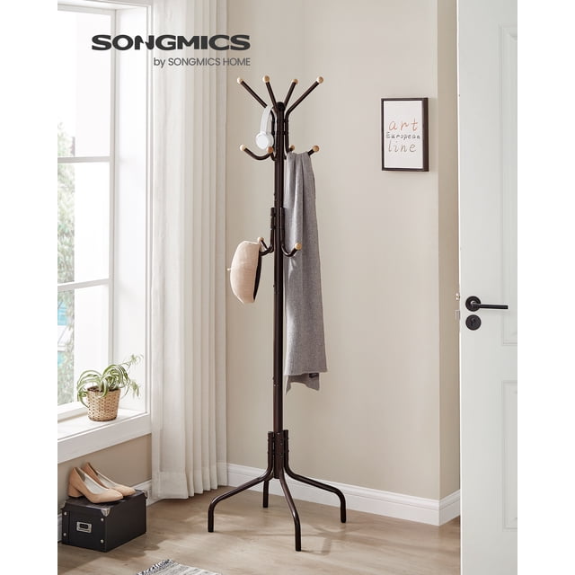 SONGMICS URCR031B01 - Perchero de metal con 12 ganchos y 4 patas, para ropa, sombreros y bolsas, para entrada, sala de estar, recámara, color negro
