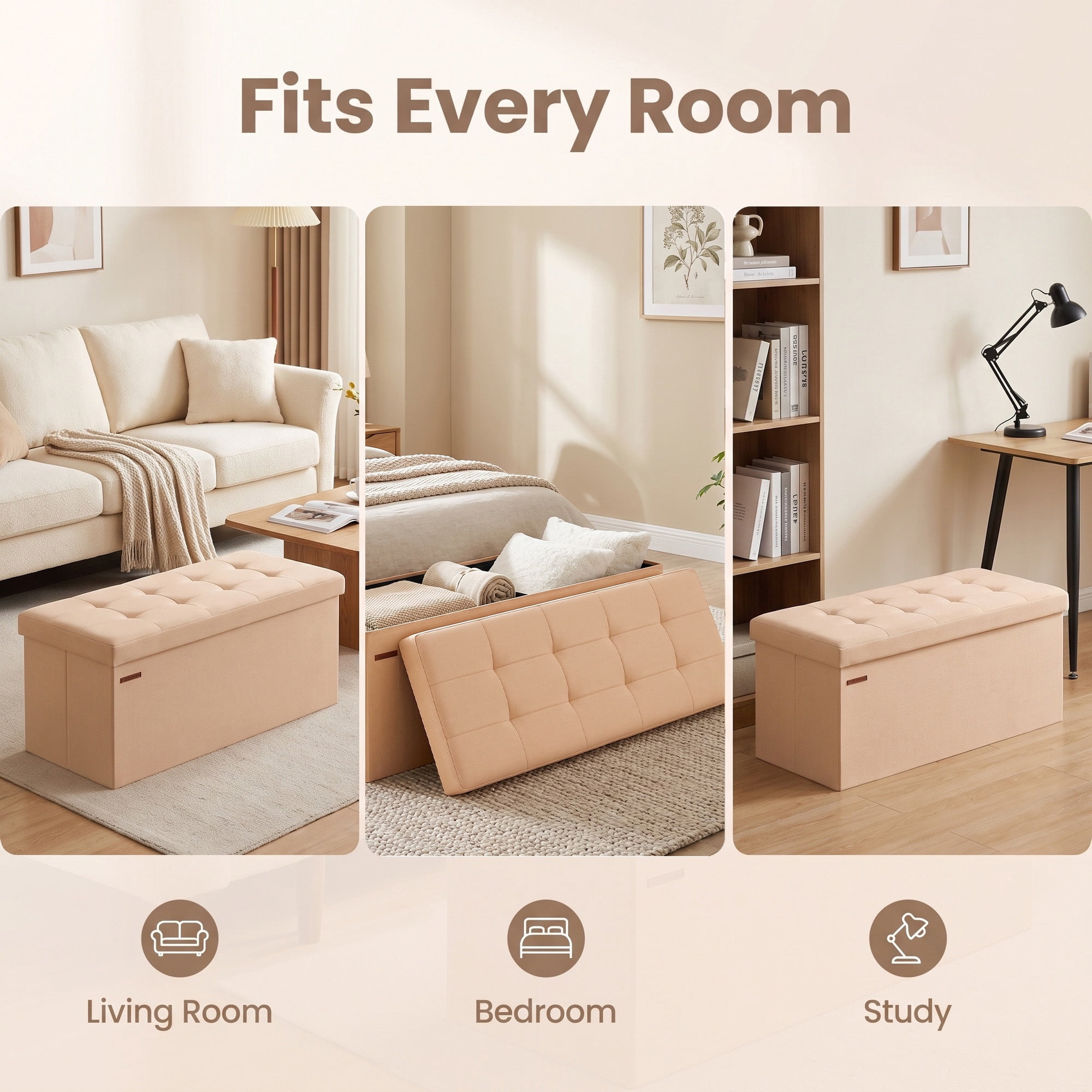 Ledrem 43-Inch Folding Storage Ottoman Bench, Foot Rest Stool, Apricot Orange