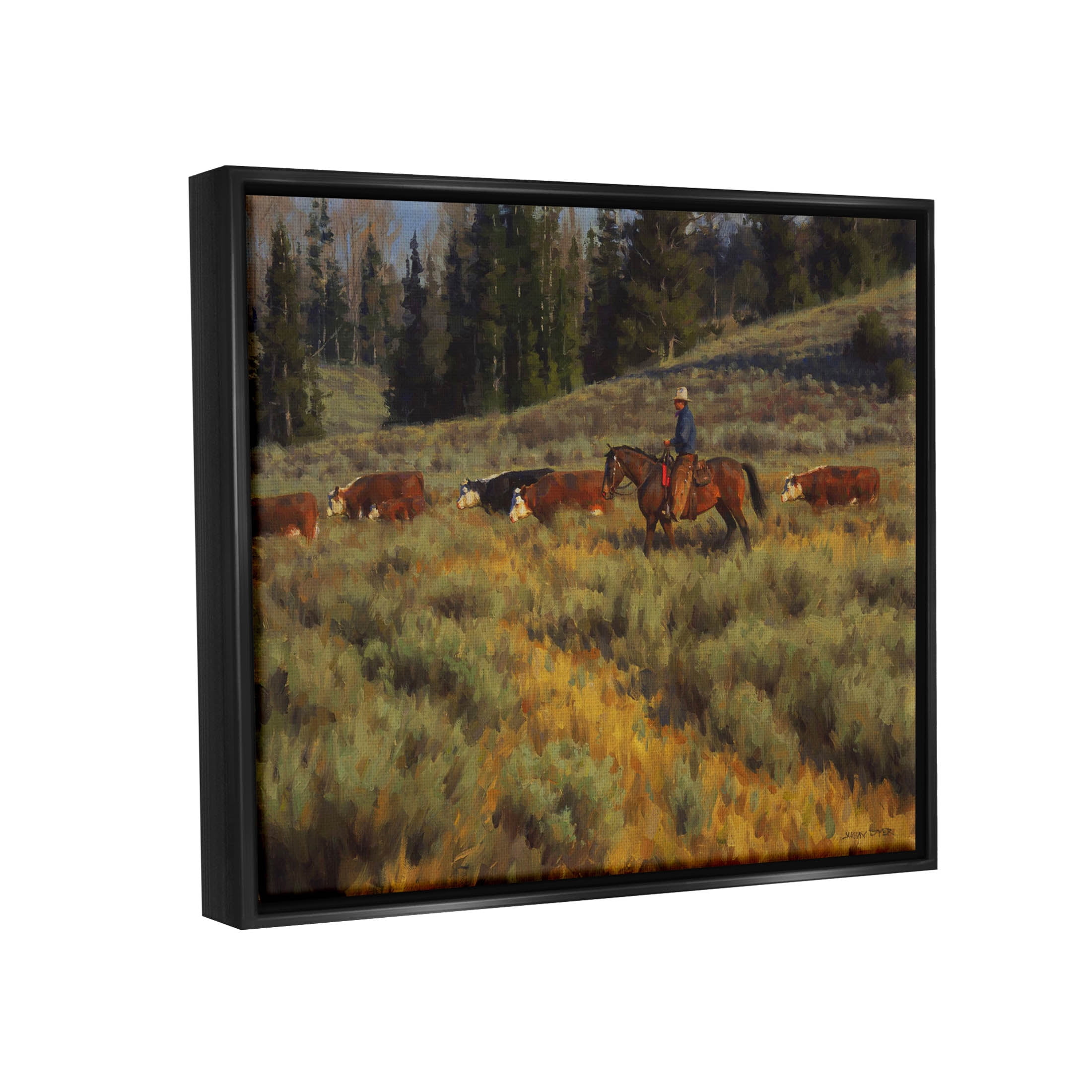 Cowboy Leading Cattle Meadow Animals & Insects Painting Jet Black Framed Art Print Wall Art