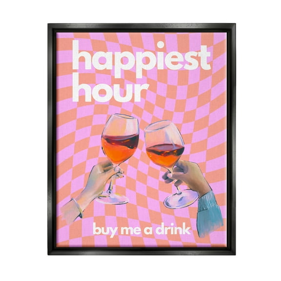 Stupell Industries Groovy Happiest Hour Food & Beverage Painting Black Floater Framed Canvas Art Print Wall Art, 17 x 21