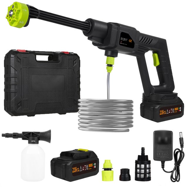 lavadora a presión portátil, potente pistola de lavado de coches de 21v con — pistola de mano negra con boquilla larga y punta verde, batería extraíble 21 V en la empuñadura, manguera enrollada transparente, maletín negro, botella de espuma, filtro de malla, cargador y adaptadores; boquilla rotativa con 6 modos de rociado según especificación; adecuada también para limpieza rápida de patios y bicicletas.