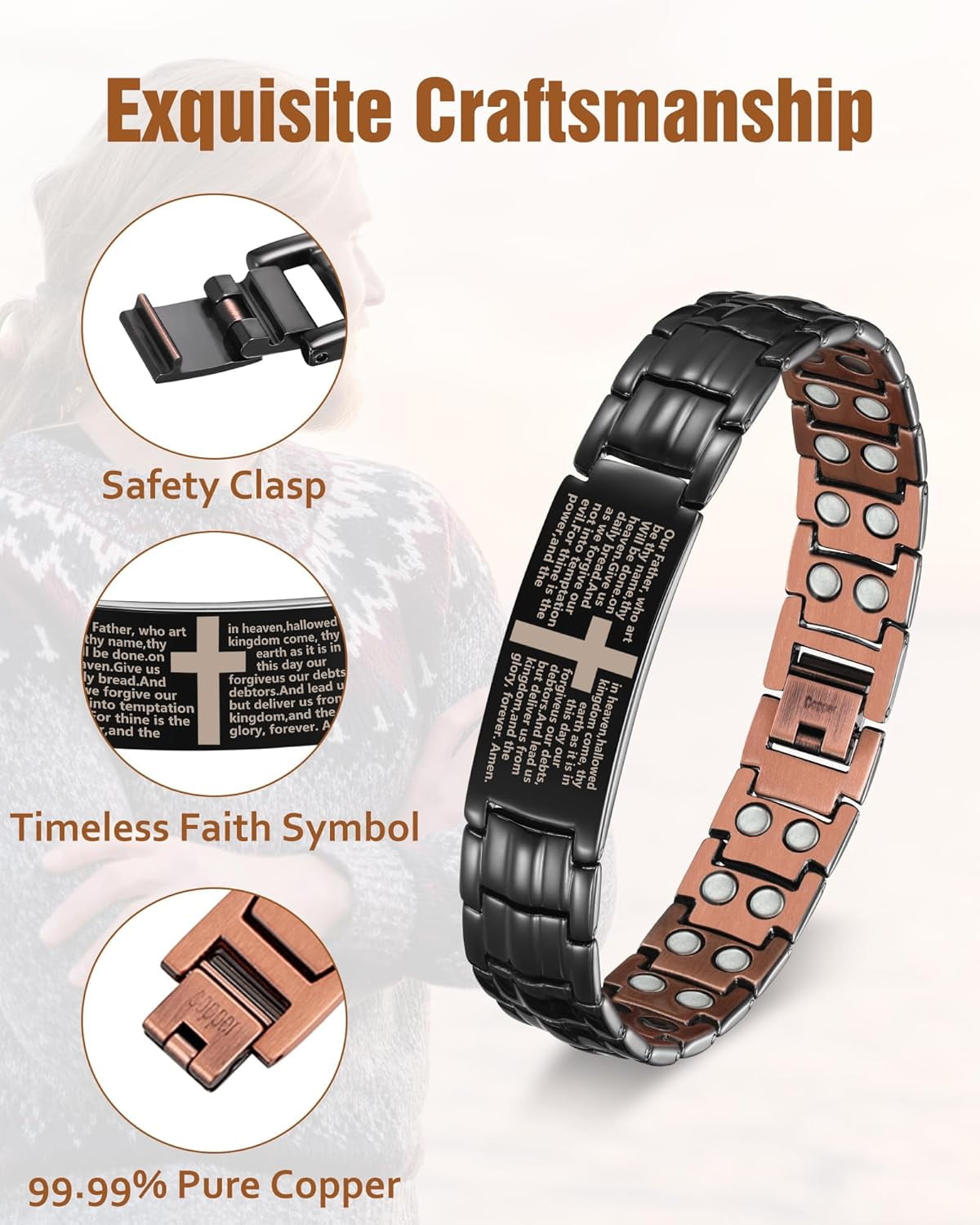 Wollet Copper Magnetic Bracelet for Men, Cross Bracelet With Ring, Copper Jewelry Gift
