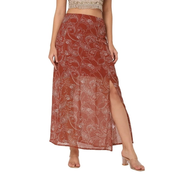 Moomaya Printed A-Line Skirt With Slit For Women, High Waist Midi Skirts