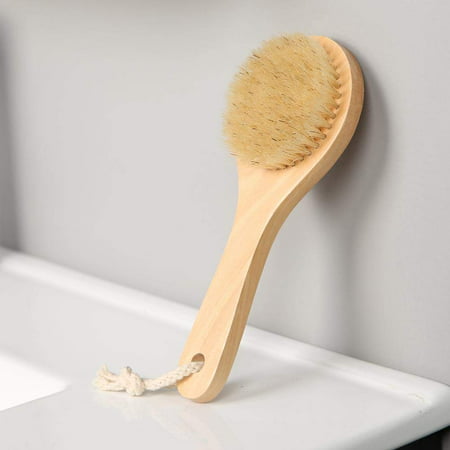 Bath Brush with Short Bamboo Handle, Wet or Dry Body Massager Brushing, Boar Bristles Shower Back Scrubber for Cellulite &