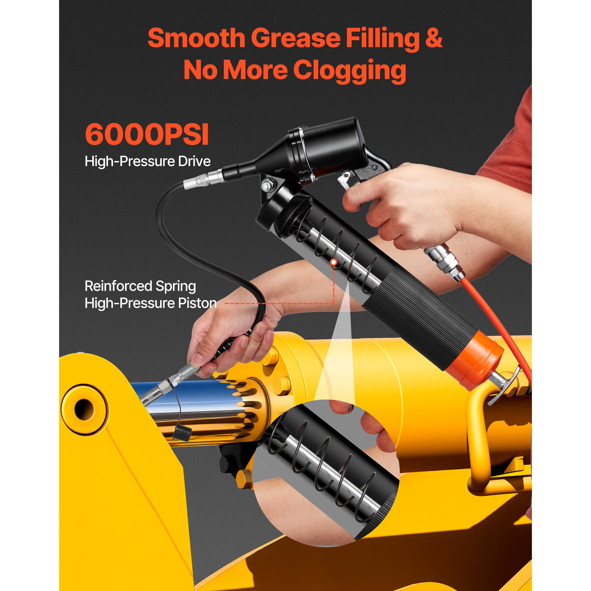KFFKFF Heavy Duty Grease Gun, 6000 PSI High Pressure, Pistol Grip Design with 14 oz Capacity, Includes 18-Inch Flexible Hose, Rigid Extension Pipe, and Flat Nozzles for Automotive Use