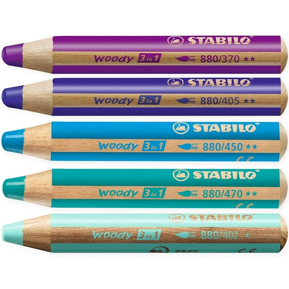 Crayon Multi-Talents - STABILO Woody 3-en-1 - Boîte de 5 - Tons Bleus + Aiguiseur