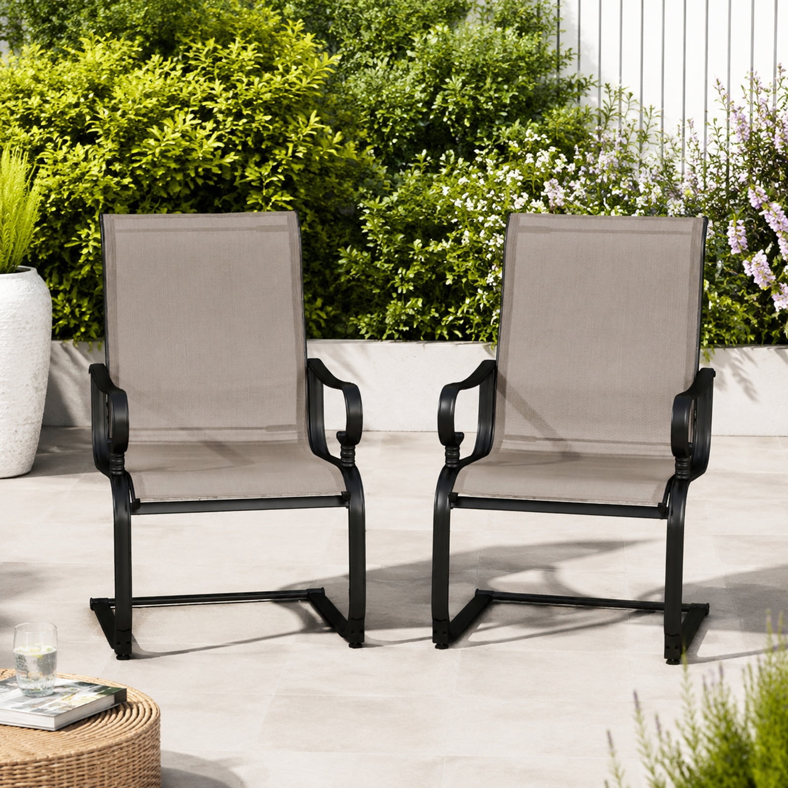Furnibear Set of 2 Patio Chairs with Quick-drying Breathable Fabric and 15 Degree Rocking Motion for Backyard Pool and Porch, Gray