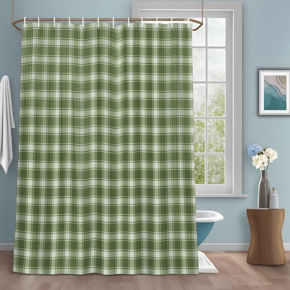 Green Plaid Shower Curtain Set with Hooks, Country Rustic Farmhouse Classic Minimalist Checkered Water Repellent Sturdy Shower Curtains for Bathroom Decoration, Machine Washable 60x72 Inch