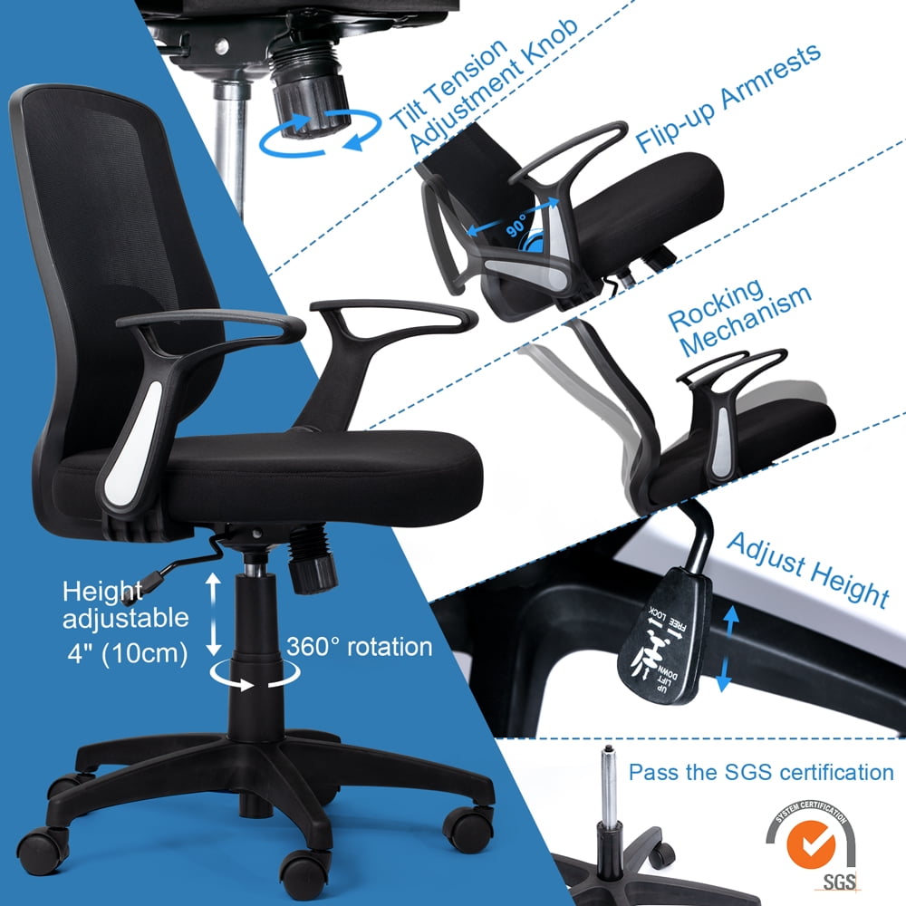 Mid Back Mesh Office Chair Ergonomic Swivel Black Desk Office Chair Flip Up Armrests With Lumbar Support Adjustable Height Computer Task Chairs Walmart Com Walmart Com