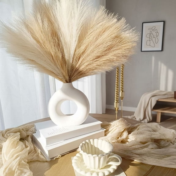 Faux Pampas Grass Decor 17 Inch 6pcs, Artificial Pampas Grass Fluffy Home Decor,Gothic Decorations Short Vase Room Decor pompous Grass Flower Arrangement for Boho Home Wedding Decoration(Beige Mixed）
