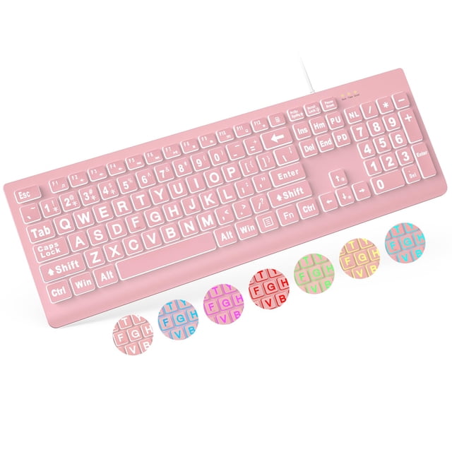Teclado SABLUTE con letra grande, retroiluminado, cable, USB, ordenador portátil, rosa