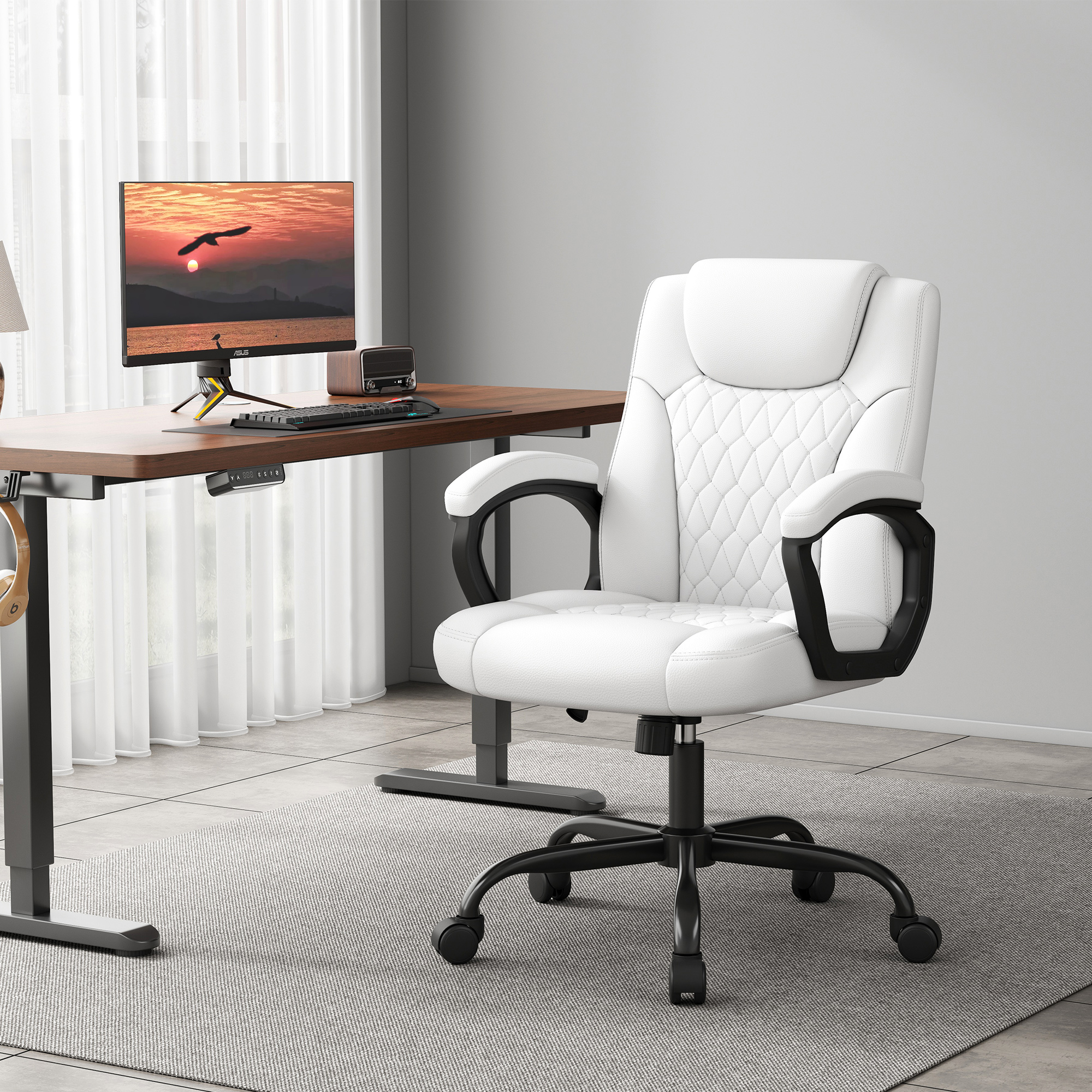 Misolant Office Chair, Executive Desk Chair, PU Leather Comfortable Executive Chairs with Fixed Armrest, Adjustable Height, Rocking Function, 360° Swivel Wheels