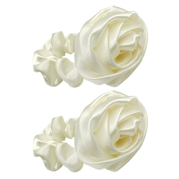 BESTYASH Set of 2 White Rose Elastic Hair Ties Soft Fiber Ponytail Holders for Everyday Use and Various Occasions