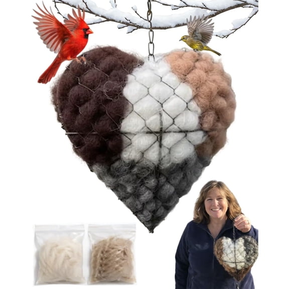Handmade Fiber Bird Nesting Heart, Refillable Birds Haven 1 Heart Shape Hummingbird Nesting and 2 Bags of Nest Materials, Winter Fowl Gifts Animal Hummingbirds Lovers Home Garden Yard