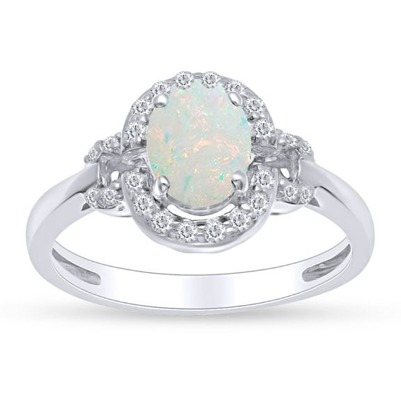 Oval Cut Lab Created Opal Gemstone And Simulated White Sapphire Halo Solitaire Engagement Ring In 14k White Gold Over Sterling Silver