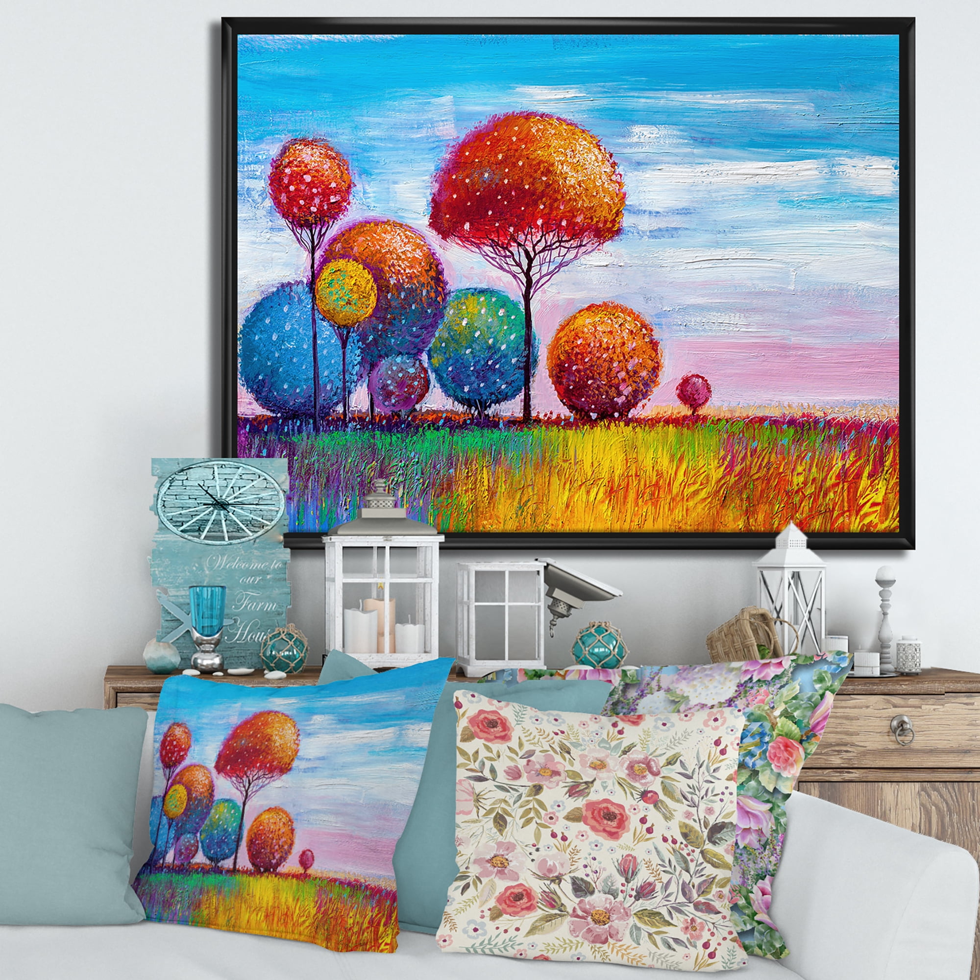 Designart 'Ornamental Colourful Trees IX' Modern Framed Canvas Wall Art Print