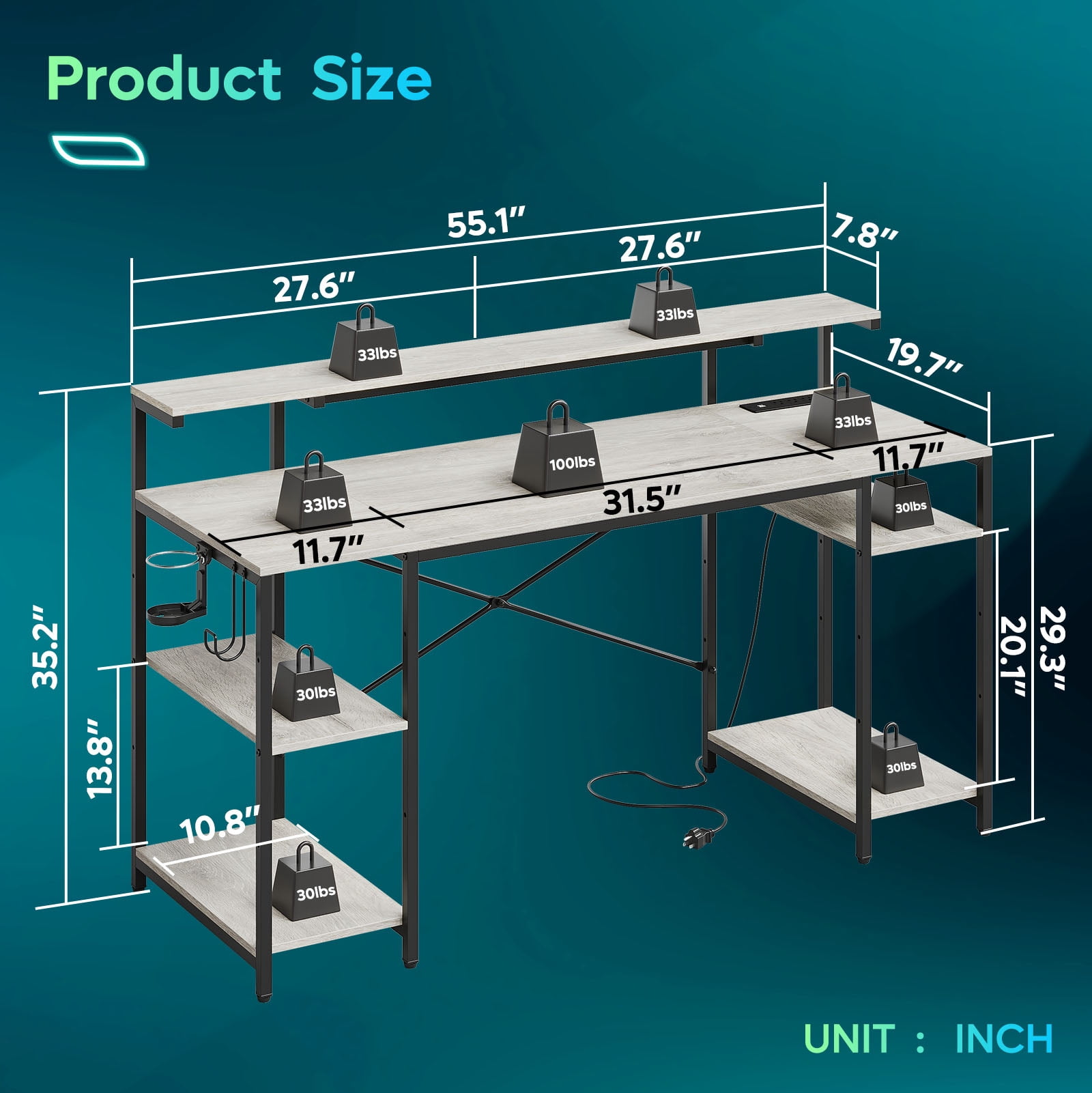 Bestier 55 inch Computer Desk with Outlets & LED Light, Office Desk with Storage Shelves & Monitor Stand, Corner Desk with Cup Holder & Headset Hooks, Grey