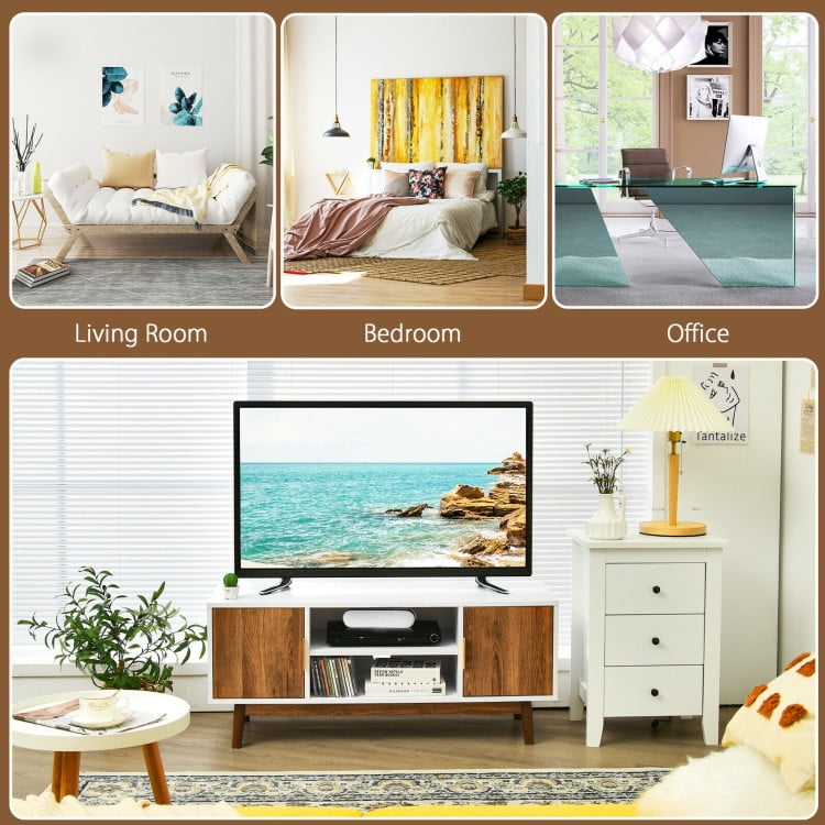 Finihen TV Stand, TV Cabinet, 2 Door TV Stand with 2 Cabinets and Open Shelves for TVs Up to 50 Inch TV, Media Entertainment Center with Storage, for Living Room, Bedroom, White & Rustic Oak