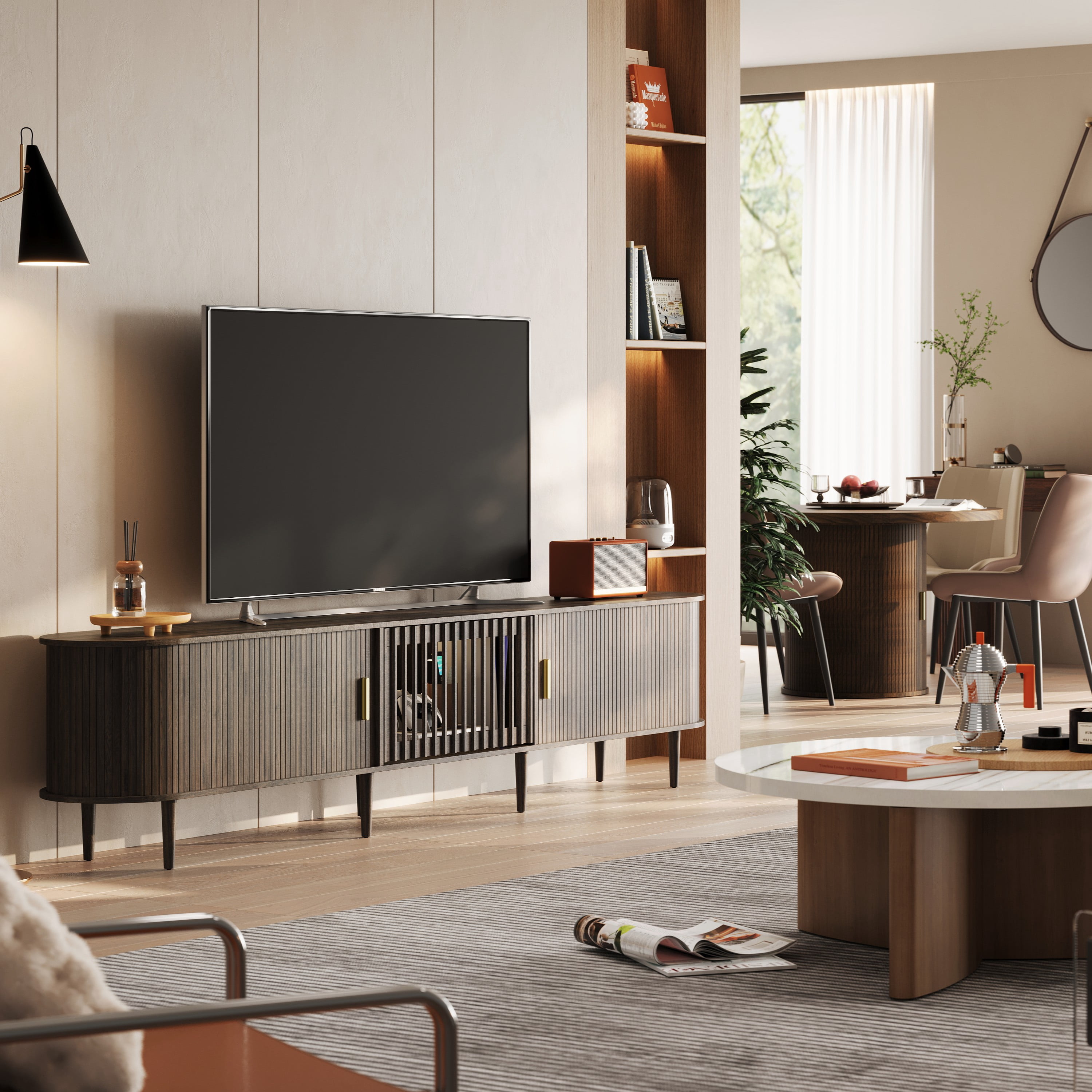 CHIC HOUSE 95" Extra Long TV Stand for 85/90/98/100" TVs with LED Light, Mid-Century Modern Entertainment Center with Storage Shelves & Sliding Tambour Door, Walnut