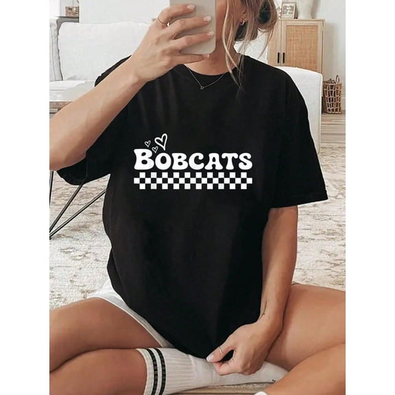 100% Cotton Groovy Bobcats High School Spirit Fan Team Back To School T-Shirt Graphic Shirt Women