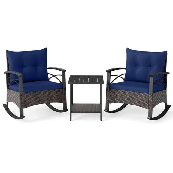 Biotree Patio Bistro Set 3-Piece Rocking Bistro Set PE Rattan Rocker Chairs with Acacia Wood Top Table Outdoor Conversation Set for Garden and Porch, Navy
