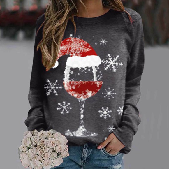 Cyber and Monday Deals Hot6sl Christmas Fashion Women Casual Long Sleeve Printing Round Neck Loose Sweatshirt Blouse Tops