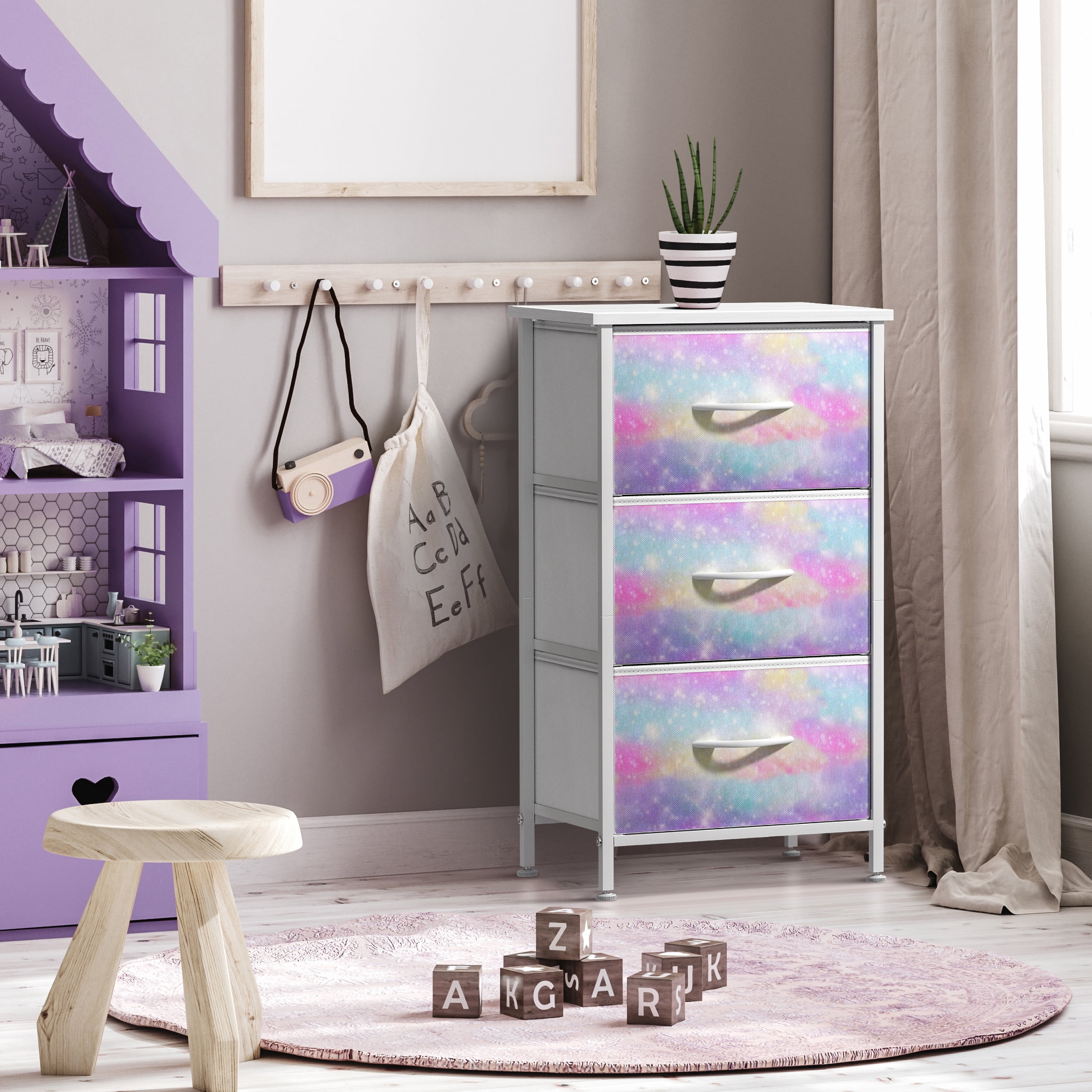 Sorbus 3-Drawer Nightstand with Steel Frame, Wood Top, Fabric Bins, Rainbow Sparkle