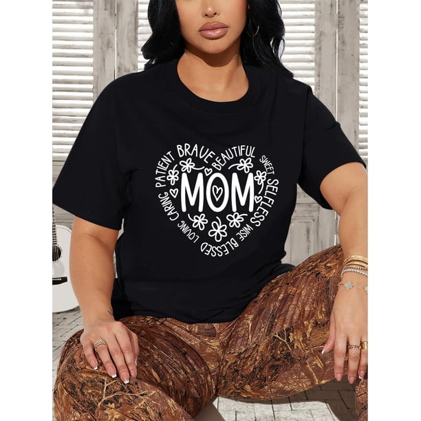Camiseta deportiva de manga corta con estampado "Día de la Madre", cuello redondo ligeramente elástico, ropa deportiva para mujer, camiseta deportiva informal.