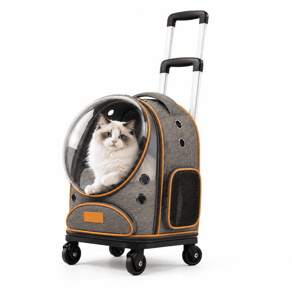 Xunka Linen Grey Pet Carrier with Panoramic Window, Rolling Travel Bag for Cats and Small Dogs, Expandable Cat Carrier, 18lbs Capacity