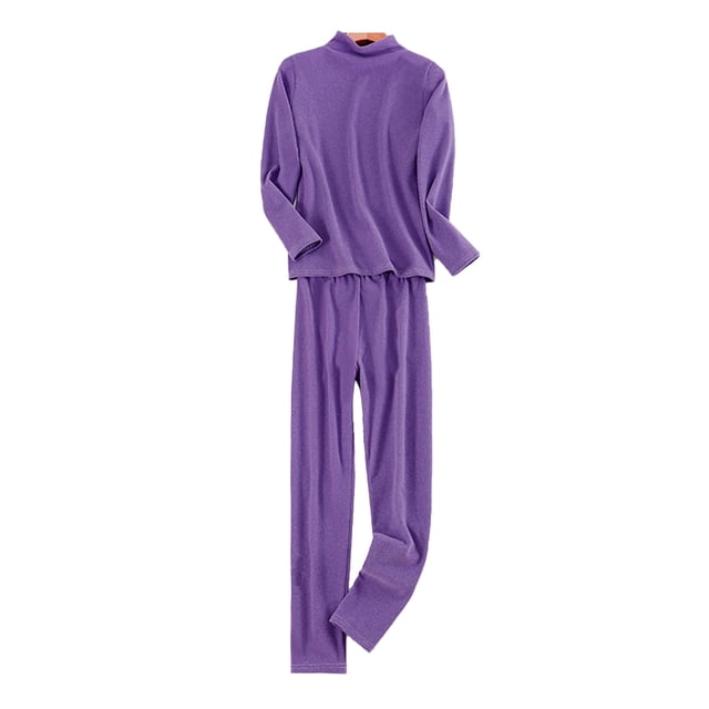 Minnieouse Conjunto de ropa interior para mujer, Color sólido, cuello medio alto, calzoncillos largos térmicos para mujer, ropa de fondo Ropa interior Violeta