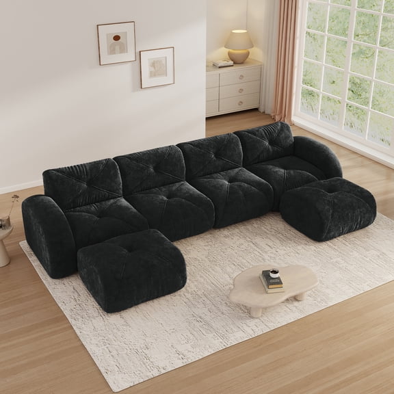 Aukfa Velvet Tufted Modular Sectional Sofa, 6-Piece 141" Wide U-Shaped Bonless Couch with 2 Ottomans, Black