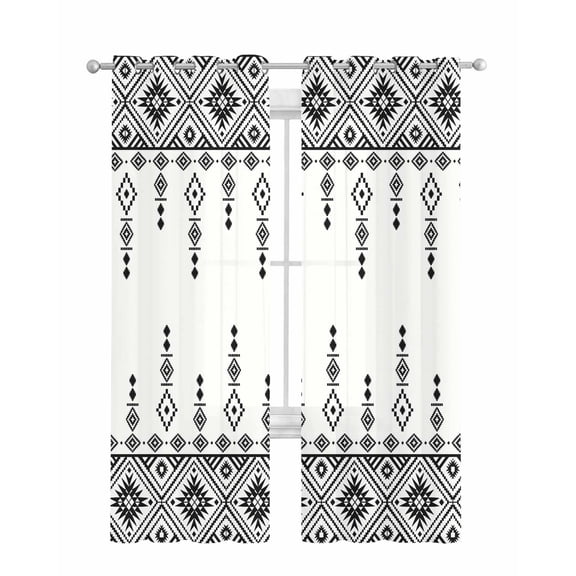 Black White Boho Sheer Curtains 63 Inch Length 2 Panels Set for Living Room/Bedroom, Vintage Ethnic Tribe Abstract Art Retro Kitchen Curtains Grommet Semi-Sheer Curtains Window Treatments 42"x63"x2