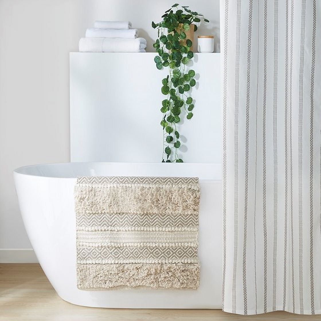 Woven Texture Stripe Bath Rug 22x58 Inches Natural, INK+IVY Asher Boho Hand-Woven Bathroom Runner Rug, Non-Slip Latex Backing Machine Washable for Bathroom Decor