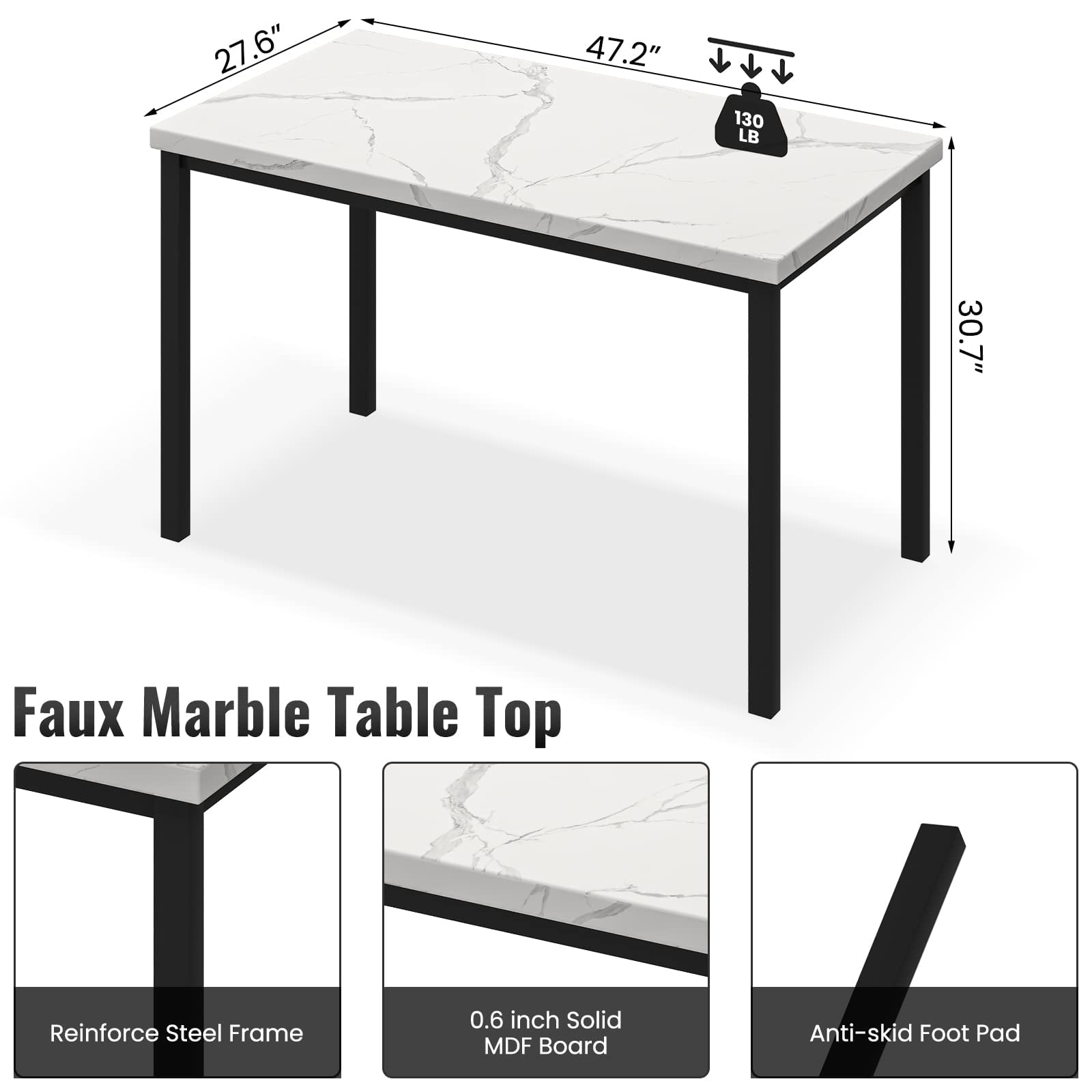 AWQM Dining Table Set for 4, 5-Piece Modern Dining Room Table Set with 4 Velvet Chairs, Marble Kitchen Table and Chairs Set, White+Grey