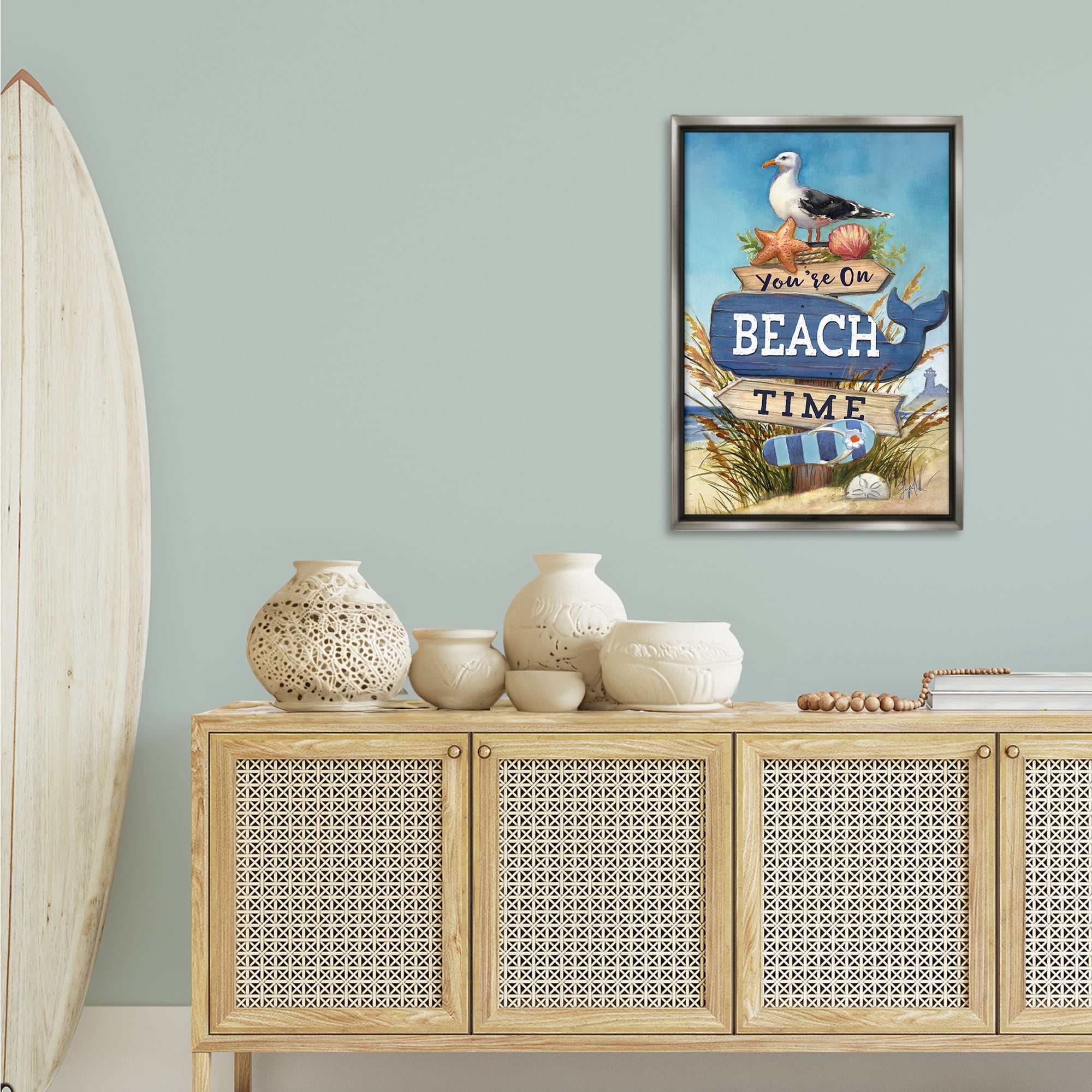 Stupell Industries On Beach Time Sign Nautical & Beach Painting Gray Floater Framed Canvas Art Print Wall Art, 21 x 31