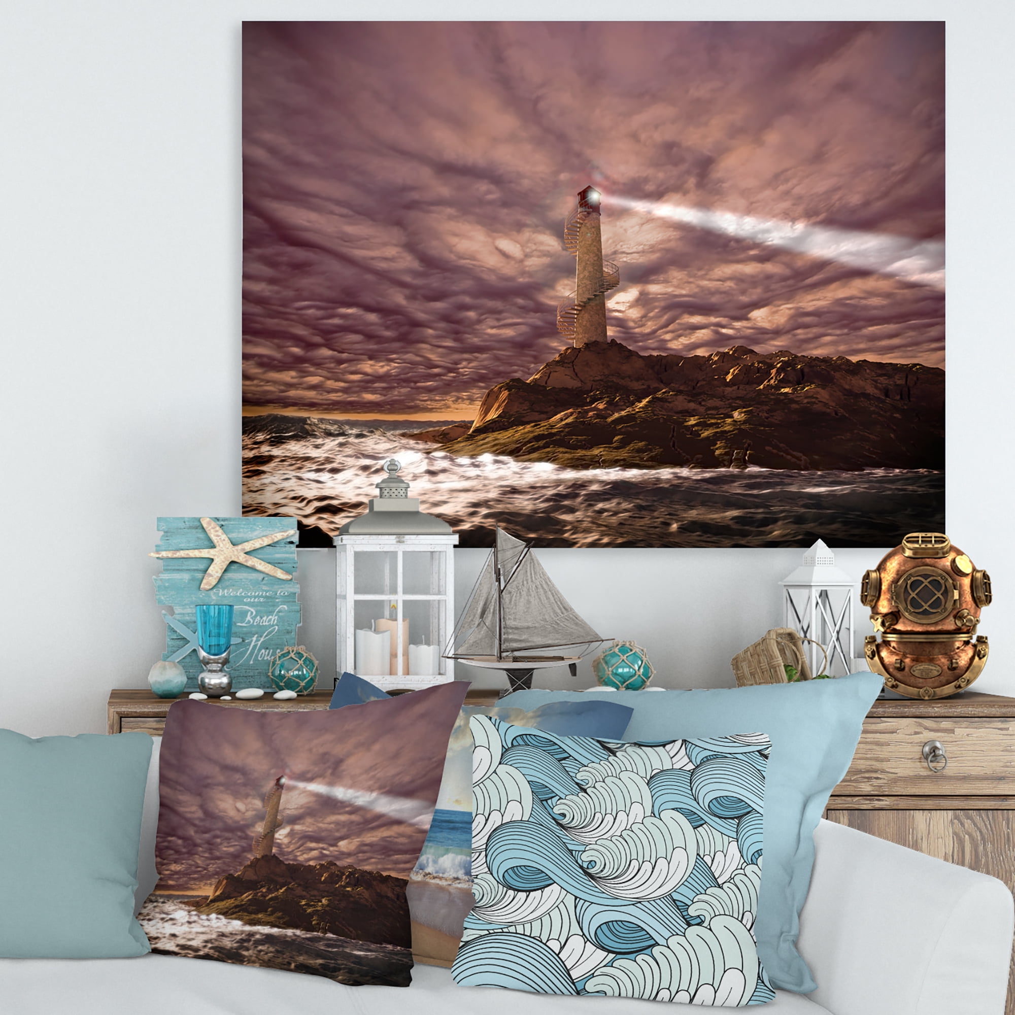 Designart ' Lighthouse Shining Light During Stormy Clouds Night I ' Nautical & Coastal Canvas Wall Art Print