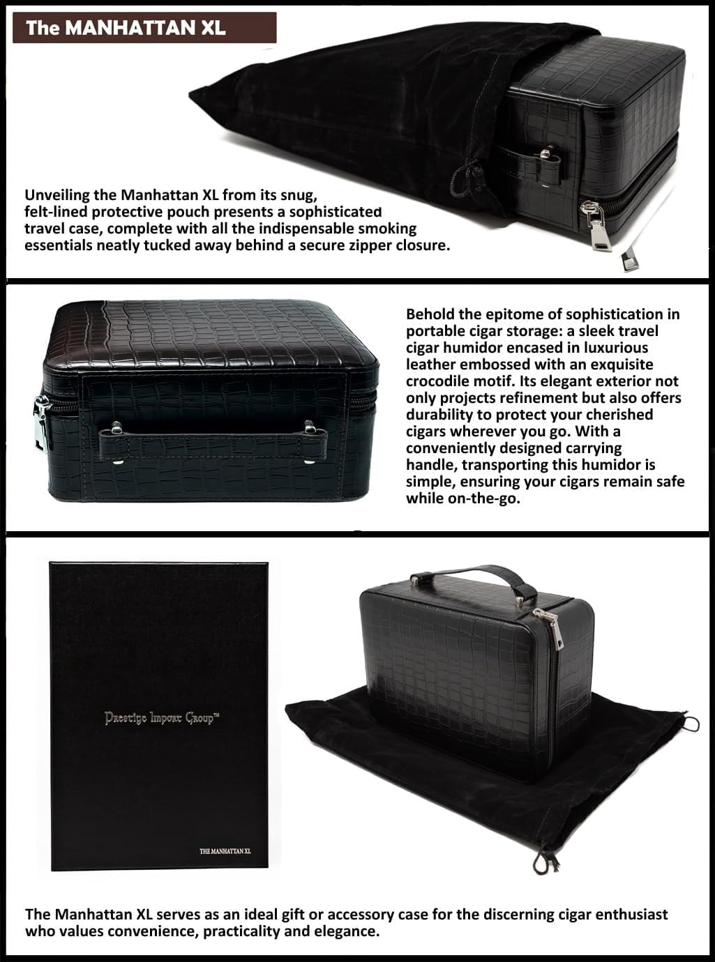 Prestige Import Group Manhattan XL Travel Cigar Humidor Case Set (Hygrometer, Ashtry, Cutter, Lighter, Humidifier) - Black