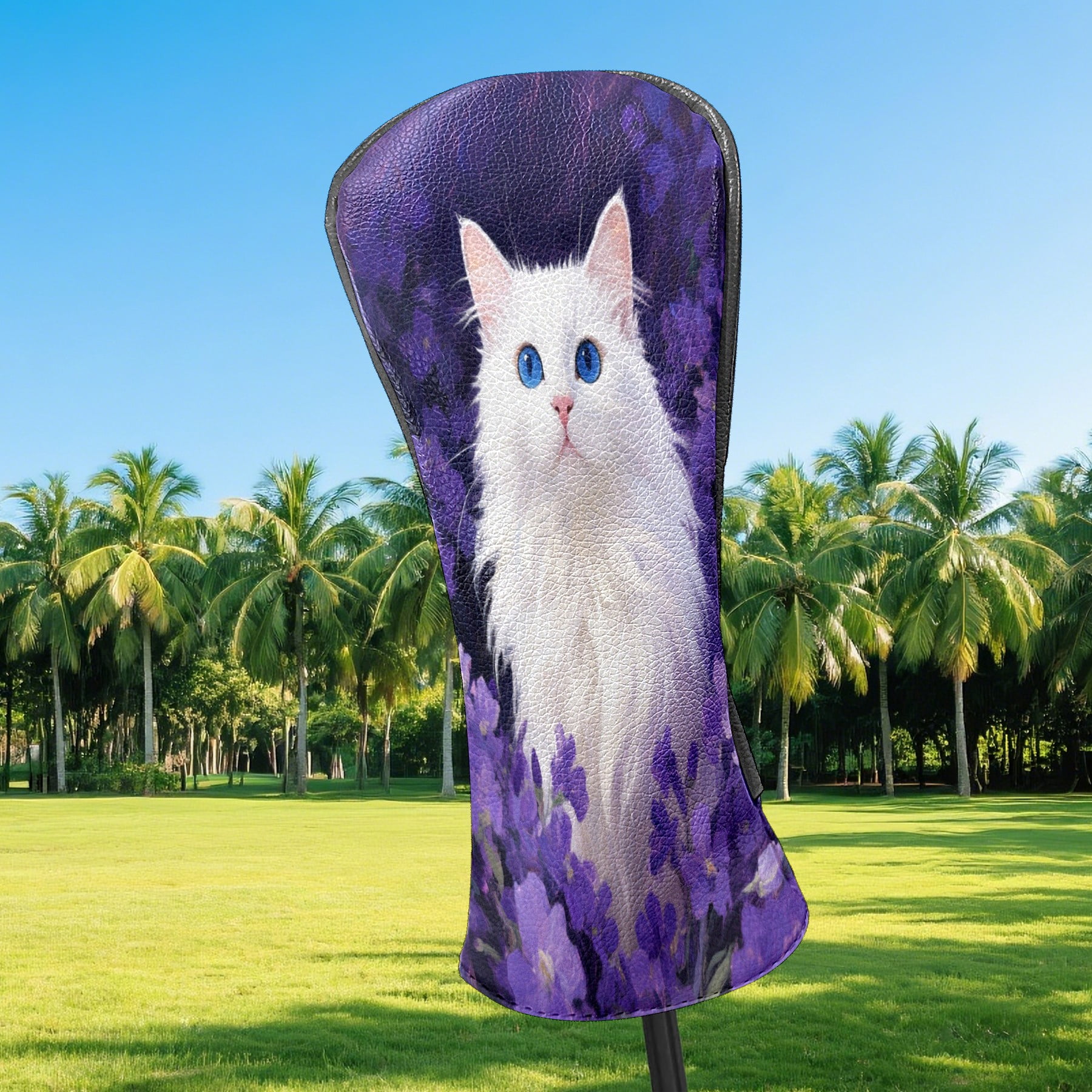 Golf Head Covers Purple Cat Design for Driver, Wood & Hybrid, Premium Waterproof PU Leather with Plush Lining, Mystical Animal Golf Gifts
