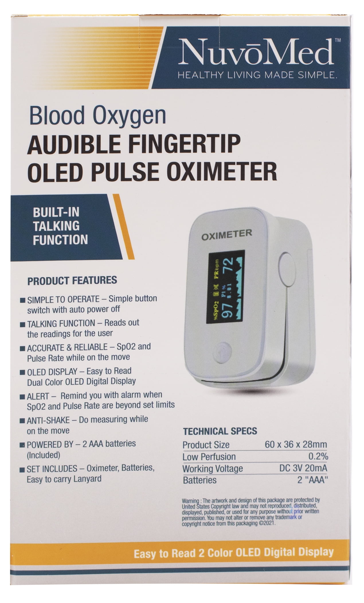 NuvoMed Audible Fingertip OLED Pulse Oximeter