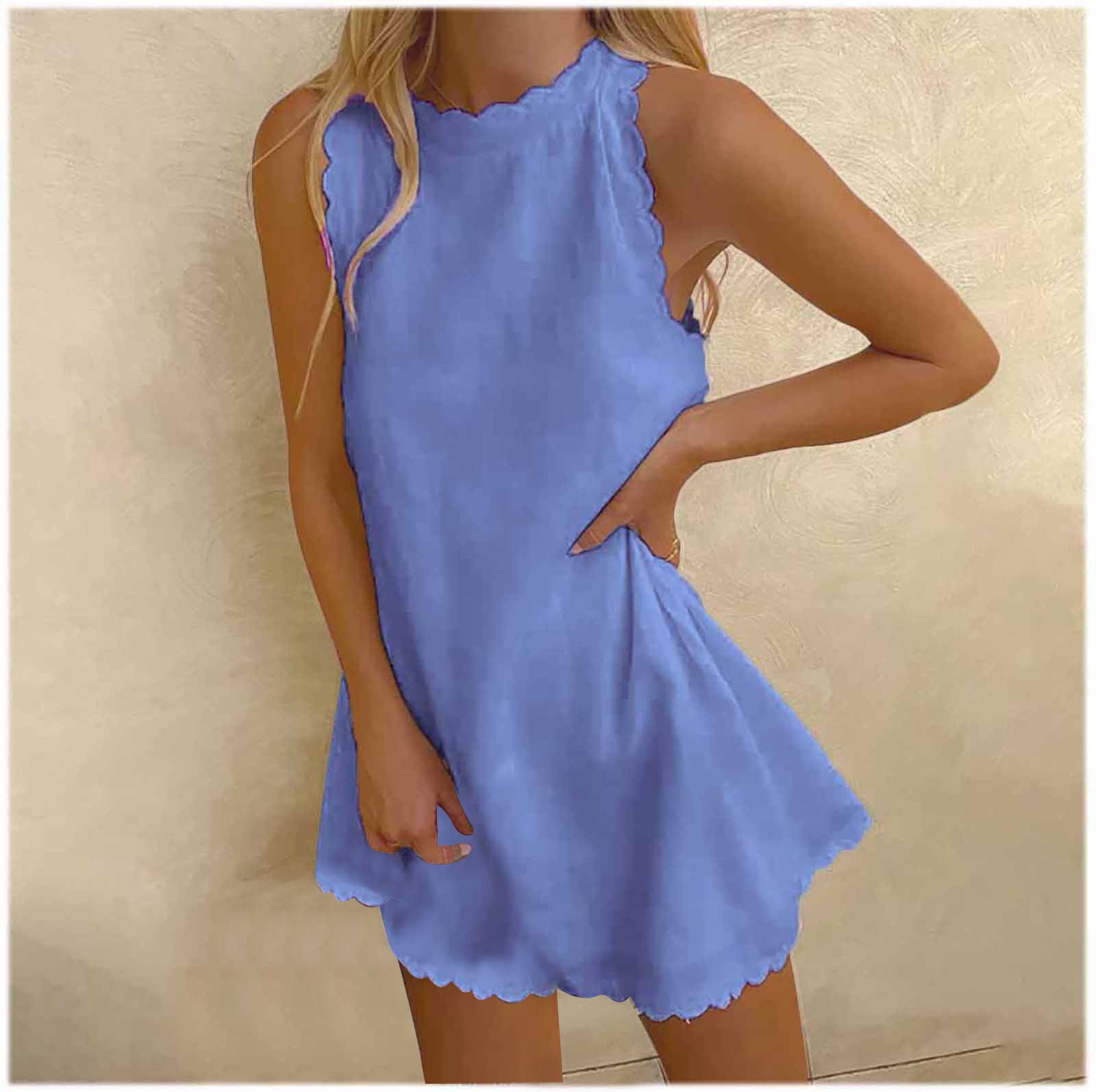 safuny Women's Tea Length Loose Dress Solid Color Holiday Elegant Cocktail Wedding Evening Party Ruffle Sleeve Crew Neck Trendy Dresses