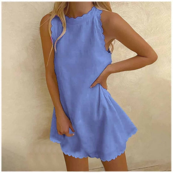 Lisbinx Party Dresses for Women Sleeveless Crew Neck Solid Sun Dress Tank Dresse Pleated Design Loose Fit Beachwear Linen Trendy for Picnics and Outdoor Events Items