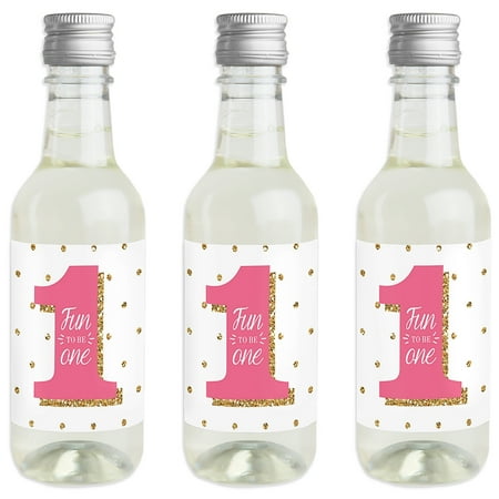 - 1st Birthday Girl - Fun to be One - Mini Wine and Champagne Bottle Label Stickers - First Birthday Party Favor Gift for