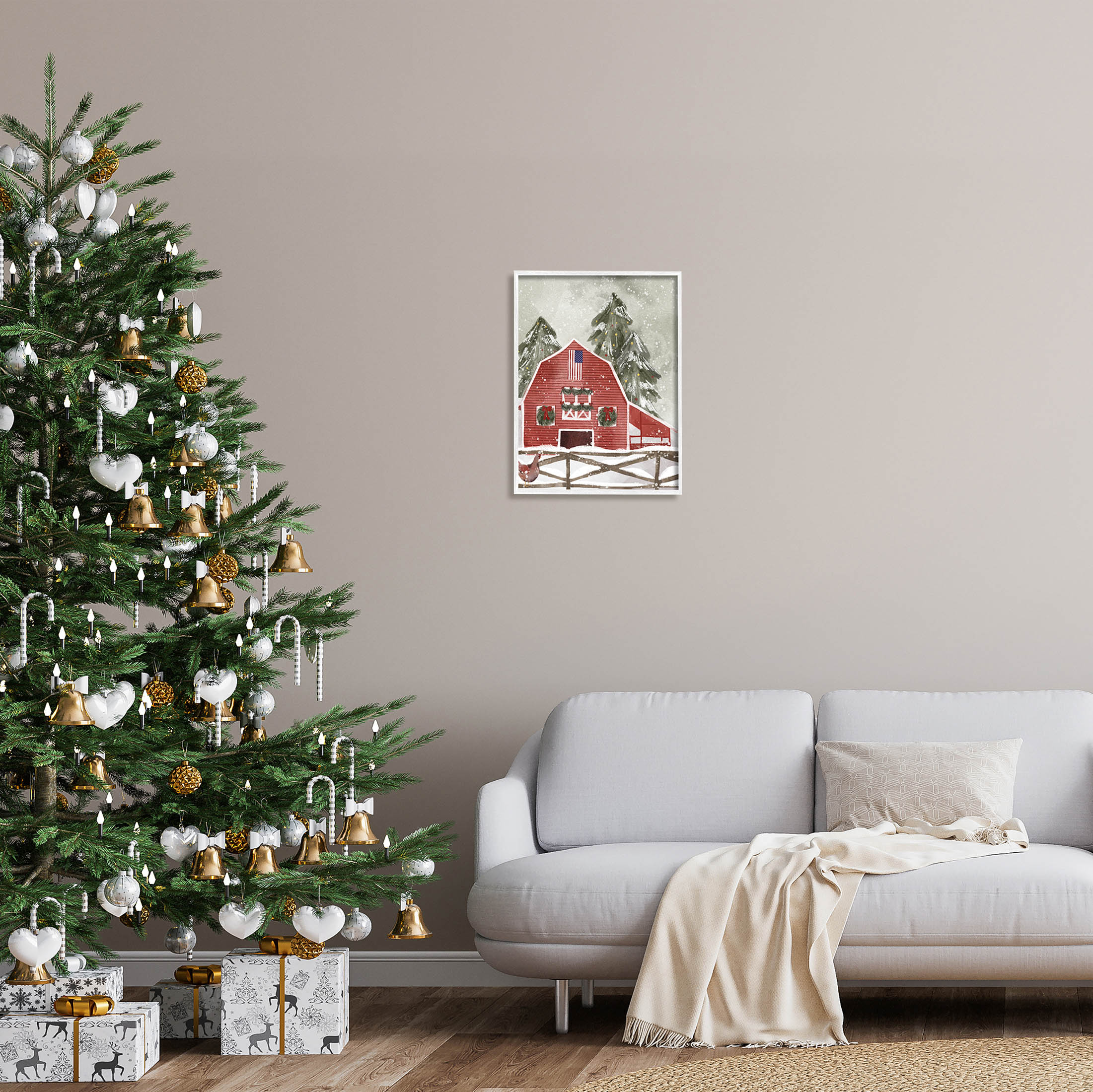 Stupell Industries Americana Barn Holiday Snow Scene Graphic Art White Framed Art Print Wall Art, Design by Laura Konyndyk