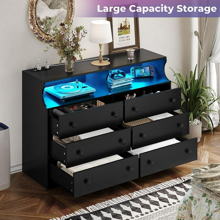Black LED-Lit Dresser with Charging Station, 6-Drawer Storage Cabinet for  Bedroom, Living Room, Hallway - Walmart.com