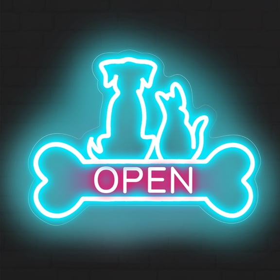Pet Shop Open Neon Sign LED Dog And Cat Open Sign Bright Pet Grooming Salon Light Animal Shelter Storefront Decor Vet Clinic Window Sign, Ice Blue Light Pink, 16.5"x12.4"