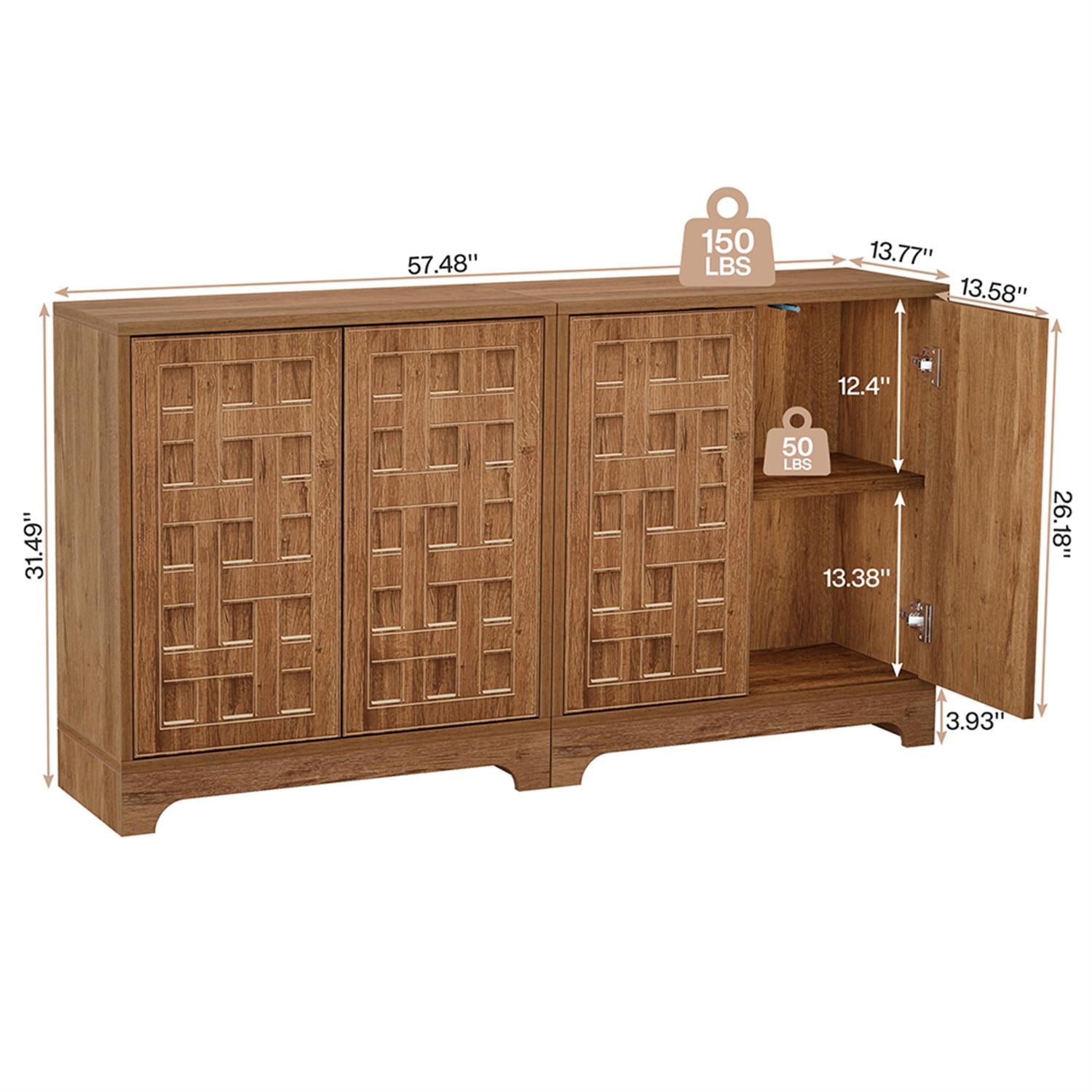 Demi Bonn 57" Sideboard Buffet Storage Cabinet Set of 2 with Doors, Credenza Accent Cabinet for Kitchen Entryway Living Dining Room, Brown