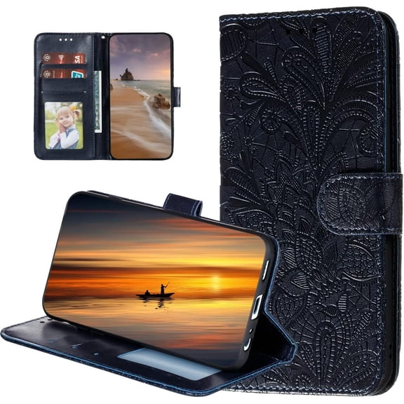 Wallet Case for Xiaomi Poco M4 Pro 4G, Lace Flower [Kickstand Feature] Luxury PU Leather with [Card Holder][Wrist Strap] Phone Cover for Xiaomi Poco M4 Pro 4G LC Deep Blue