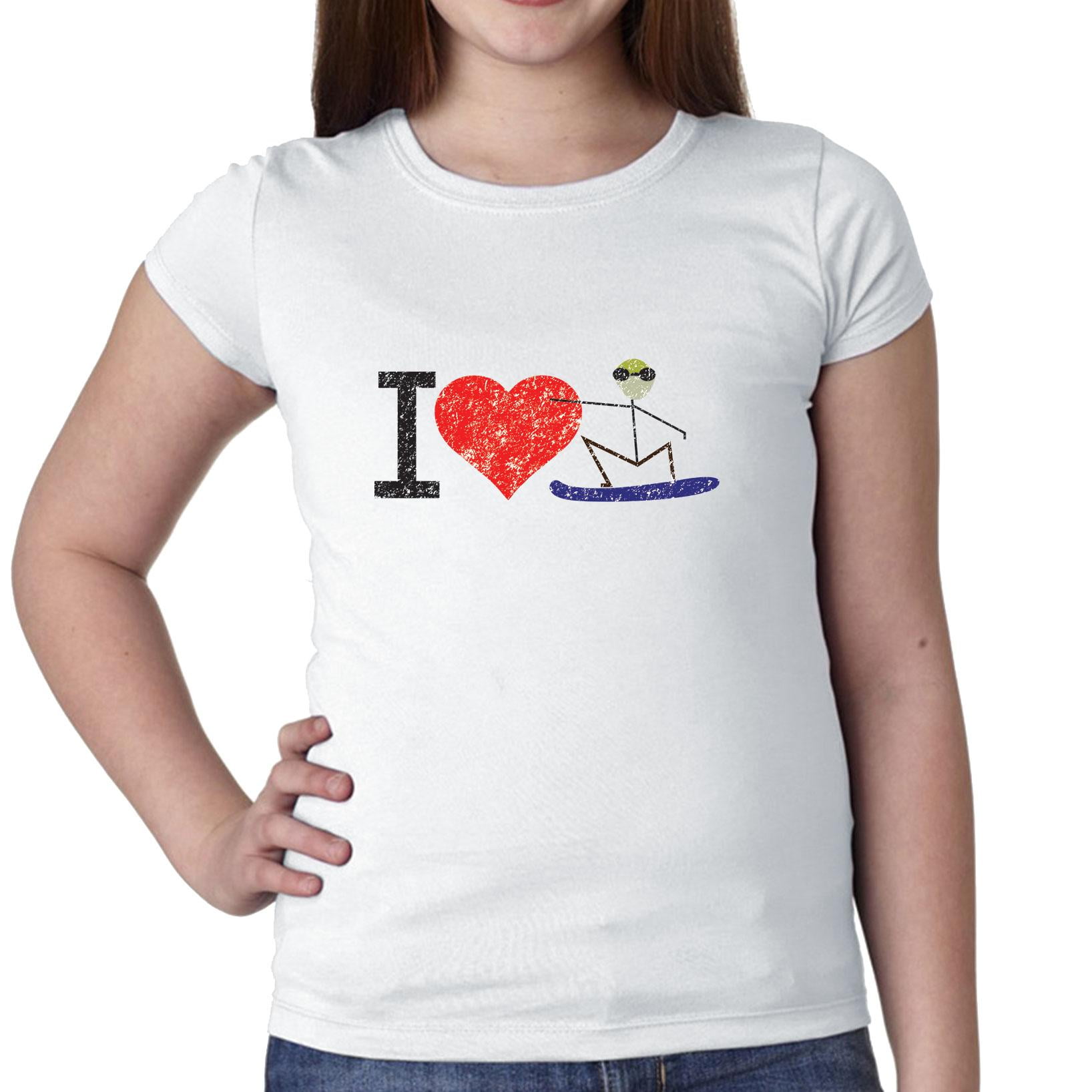 I Love Snowboarding Red Heart Cartoon Girl's Cotton Youth T-Shirt by Hollywood Thread
