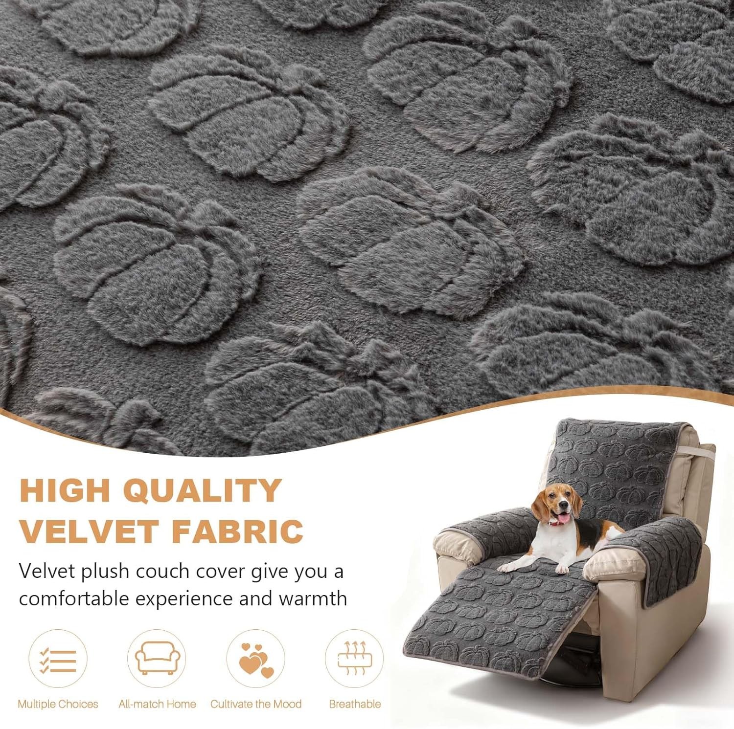 TOPCHANCES Plush Recliner Chair Cover, Faux Rabbit Fur 1-Seater Sofa Cover, Washable Armchair Protector with Adjustable Elastic Belt for 23 Inches Recliner (Gray)